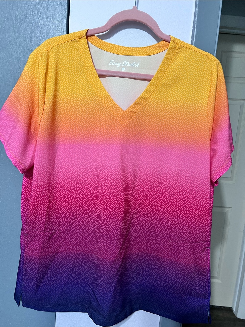 Easy Stretch Short Sleeve Ombre V-Neck ScrubTop in Yellow Pink Purple XL